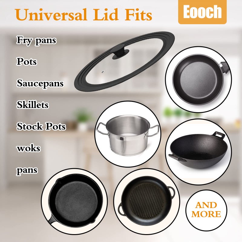 Eooch Universal Lid for Pots, Pans and Skillets Vented Tempered Glass with Heat Resistant Silicone Rim, Fits 10 inch, 11 inch, 12 inch Cookware, Replacement Lid, Black - Image 5